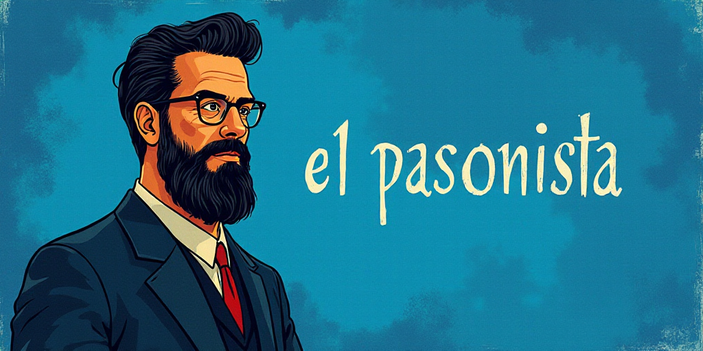 a man with a beard and glasses standing in front of a blue background with the words, el pasonista,