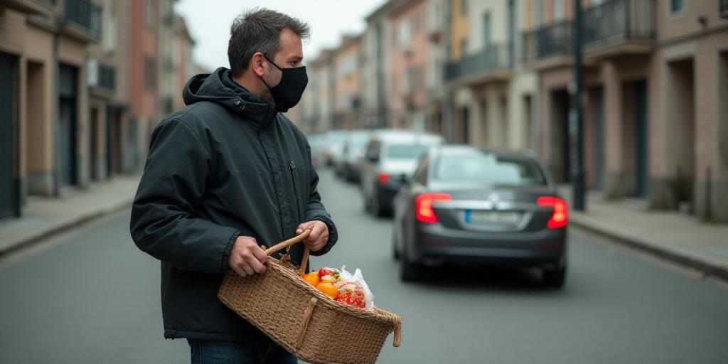 a man with a face mask and a basket of food on a street corner with a car in the background, Ceferí