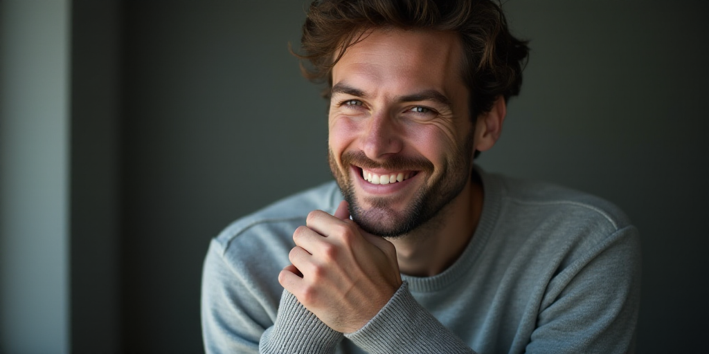 a man with a hand on his wrist is looking at the camera and smiling at the camera man is wearing a g