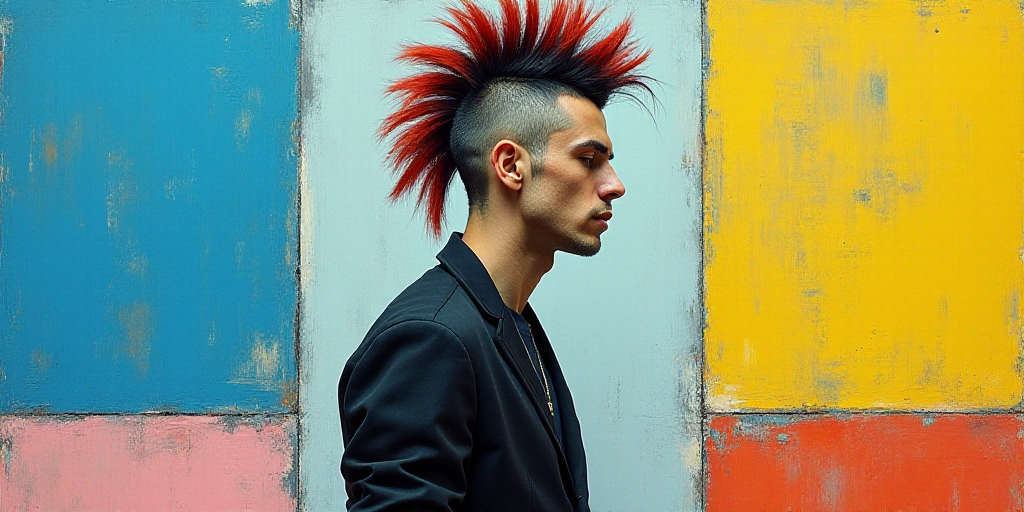 a man with a mohawk standing in front of a blue and yellow background with a black and white photo,