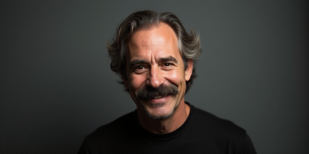 a man with a mustache and a black shirt smiling at the camera with a gray background and a gray back