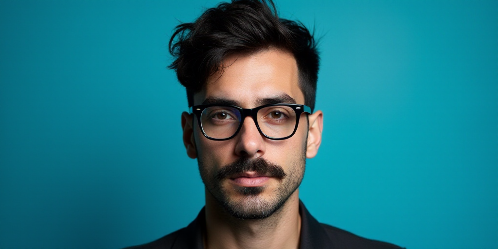 a man with a mustache and glasses is in front of a blue background with a black and white photo, Cá