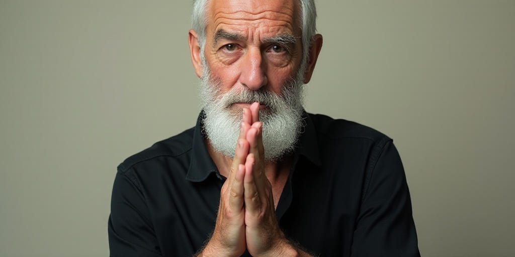 a man with a white beard and a black shirt is holding his hands together and looking at the camera,