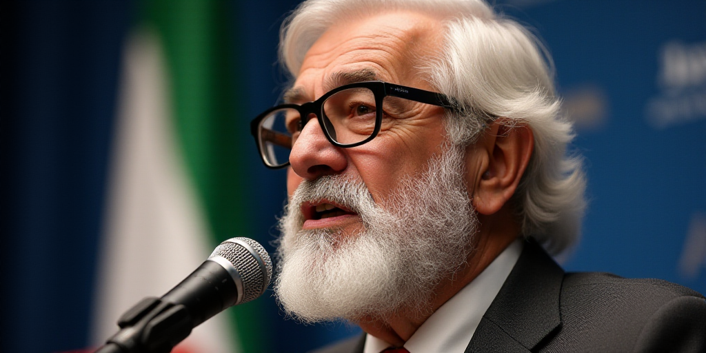 a man with a white beard and glasses speaking into a microphone with a microphone stand behind him a
