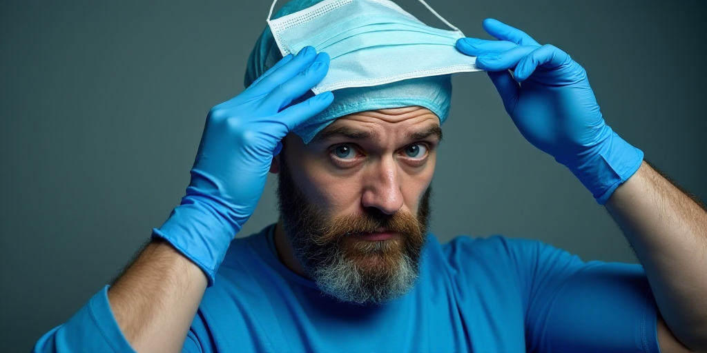 a man with blue gloves on his head and a beard is putting on a blue surgical mask and gloves, Christ