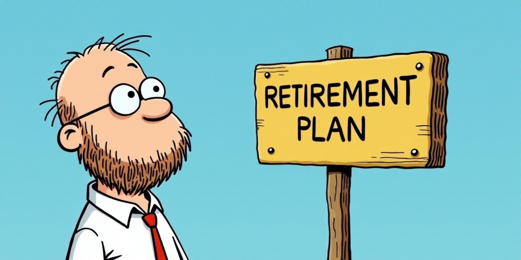 a man with glasses and a beard standing next to a sign that says retirement plan on it, with a blue