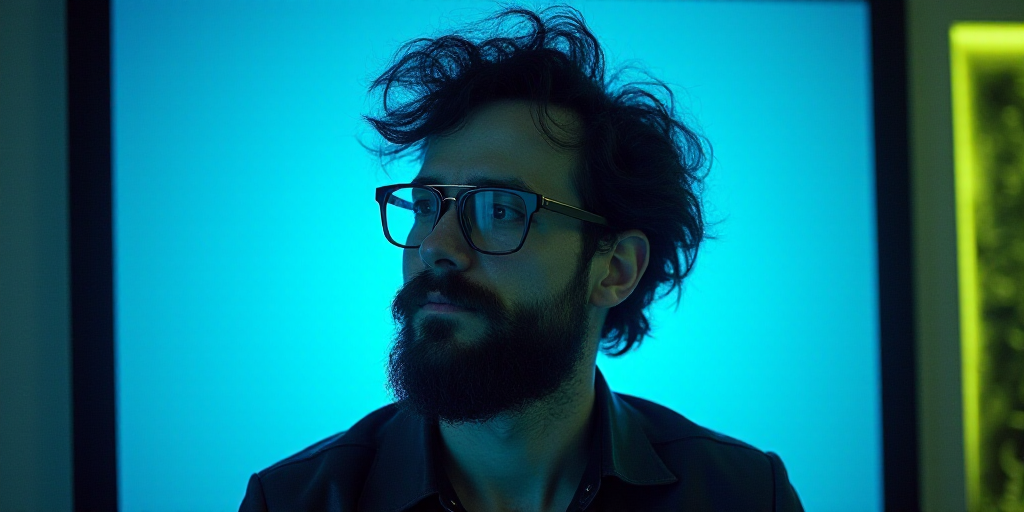 a man with glasses and a beard in front of a blue background with a black and yellow border and a bl