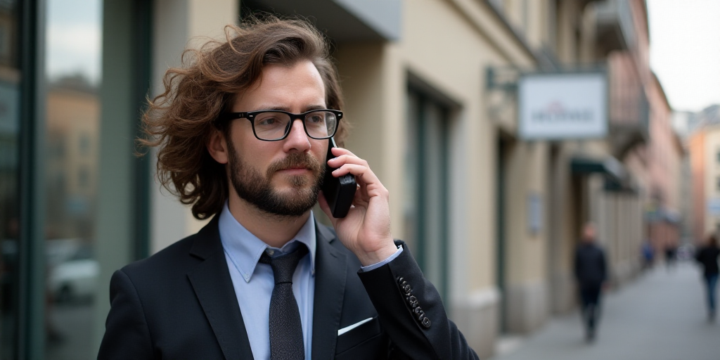 a man with glasses and a suit and tie on a cell phone and a building in the background with a sign o