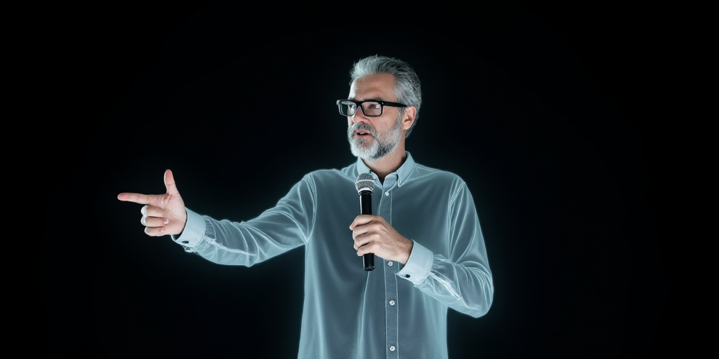 a man with glasses holding a microphone in his hand and pointing to the side with his right hand and