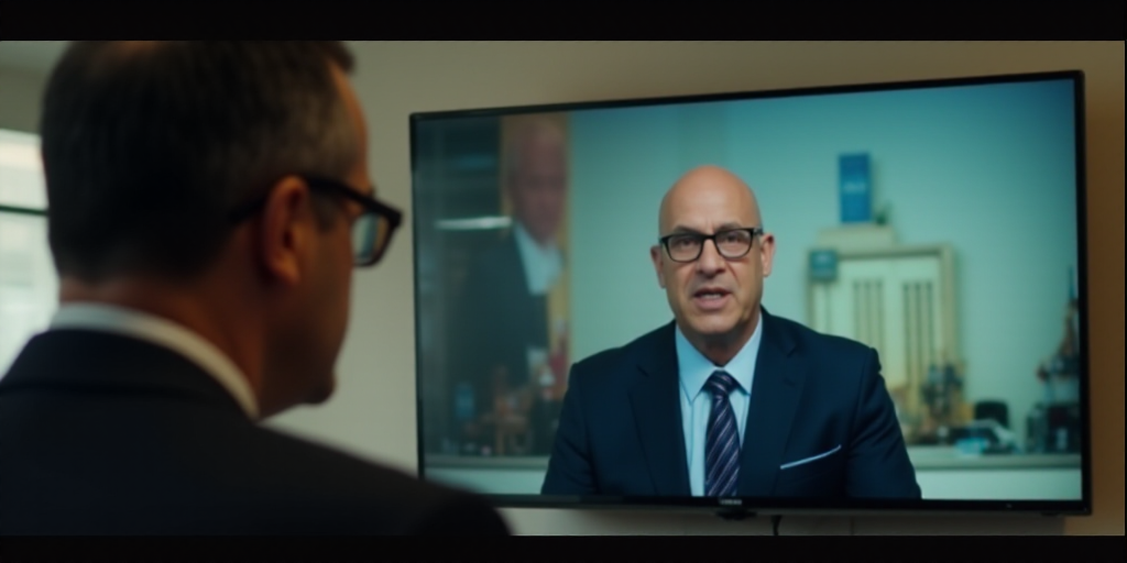 a man with glasses is on a news program with a picture of him in the background and a picture of him