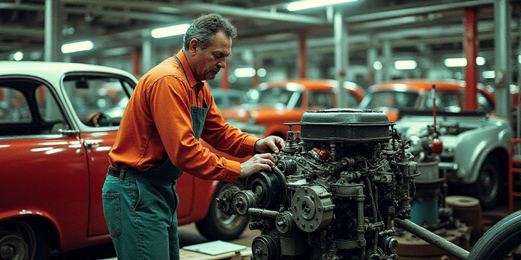 a man working on a car engine in a factory with other cars in the background and a machine in the fo
