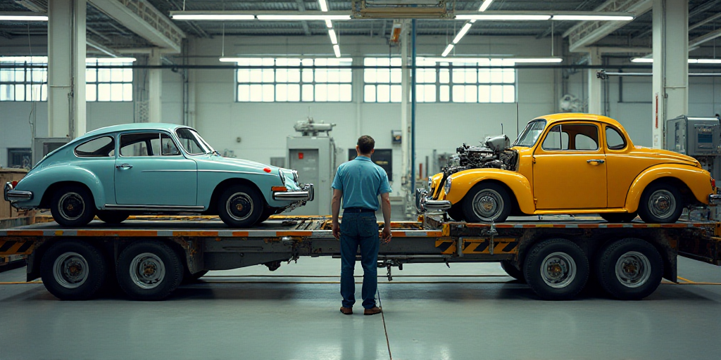 a man working on a car in a factory with a car being assembled on a machine and a car being assemble