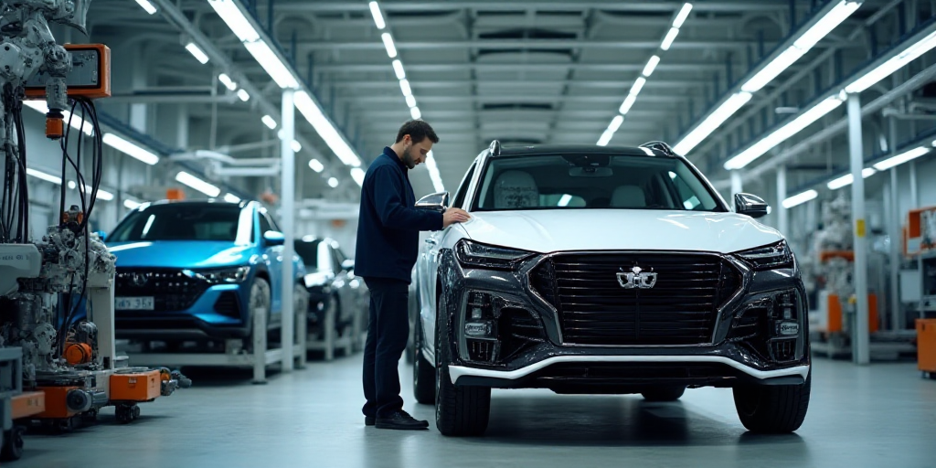 a man working on a car in a factory with a car being assembled on a machine and a car being assemble