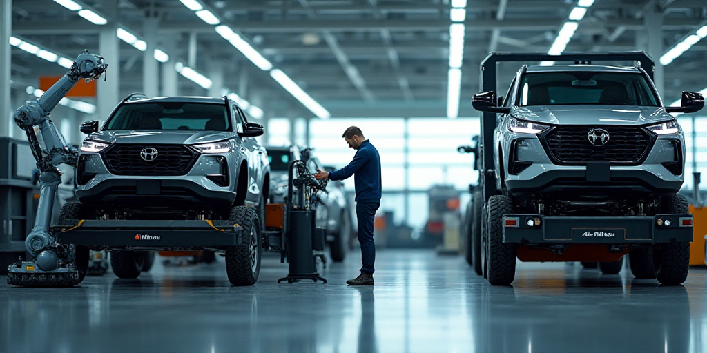 a man working on a car in a factory with a car being assembled on a machine and a car being assemble