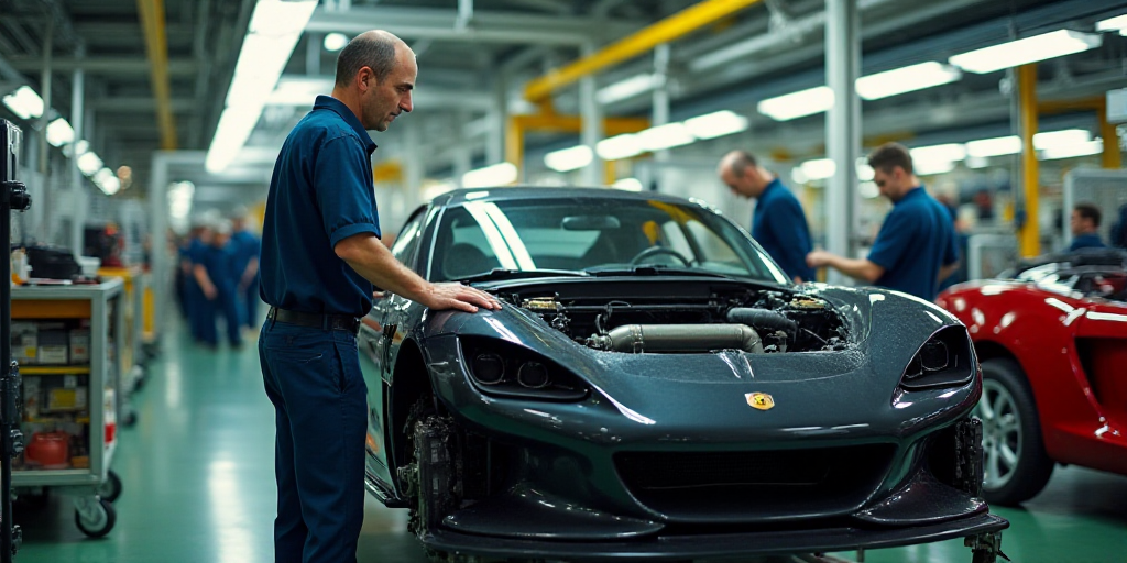 a man working on a car in a factory with other workers in the background and a car being assembled,