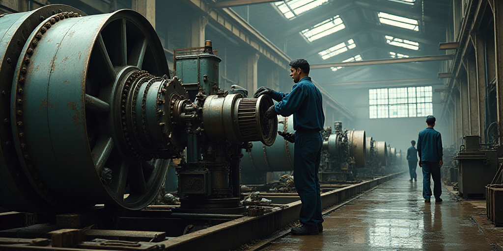 a man working on a large engine in a factory with other workers nearby on the floor of the building,