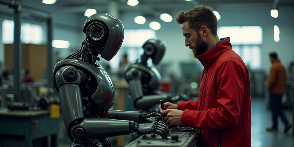 a man working on a machine in a factory with other machinery in the background and a man in a red ja