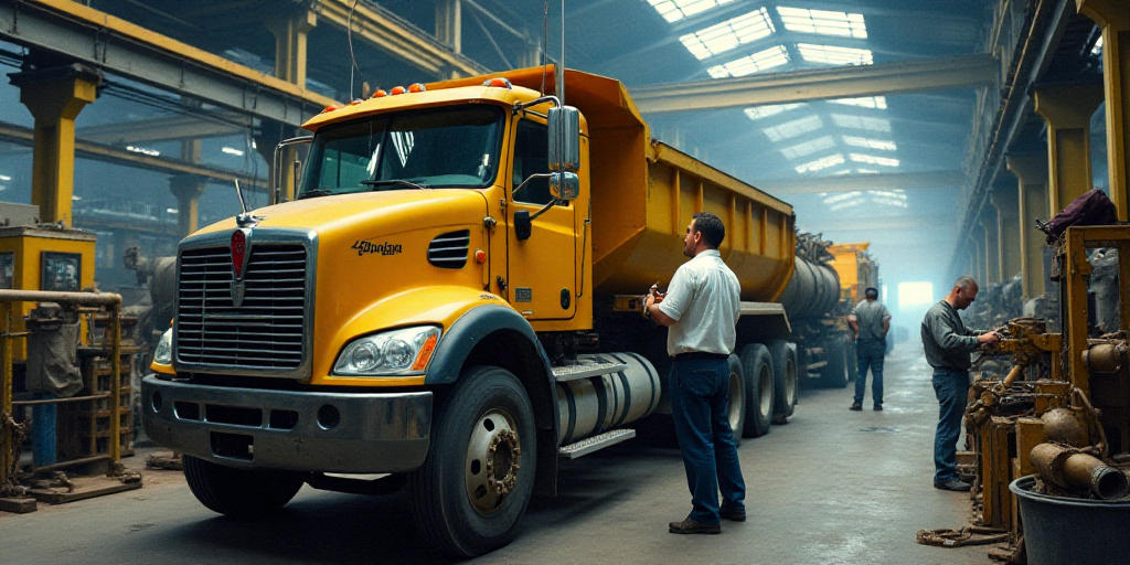 a man working on a truck in a factory with other workers nearby and a man in a white shirt, Dahlov I