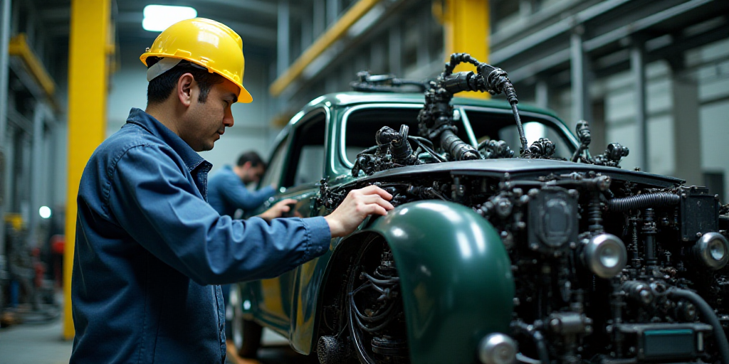 a man working on a vehicle in a factory with a machine in the background and a man in a hard hat wor