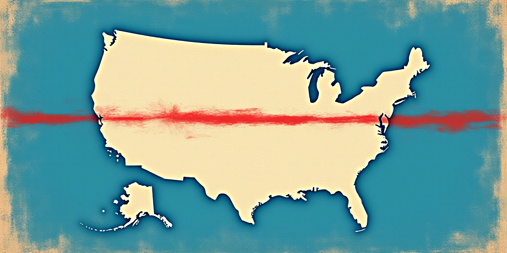 a map of the united states with a red line in the middle of it and a blue background with a map of t