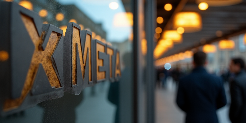 a metal sign that says x meta on it's glass door with people walking by in the background, Évariste