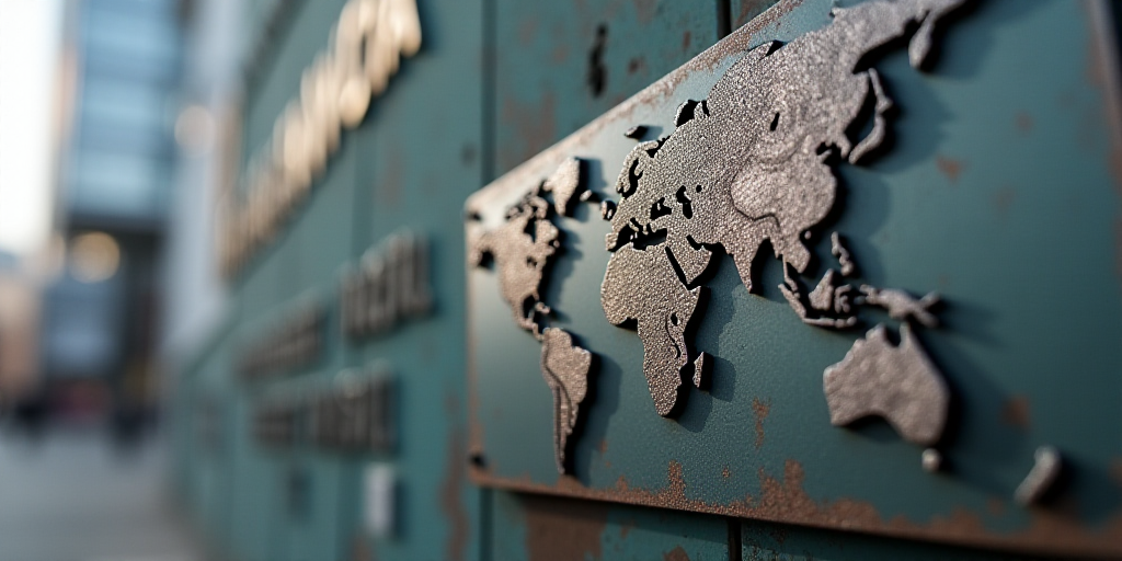 a metal sign with the words international monetary fund on it's side and a world map on the front, D