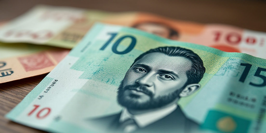 a mexican currency with a portrait of a man on it and a pile of bills in the background with a few b