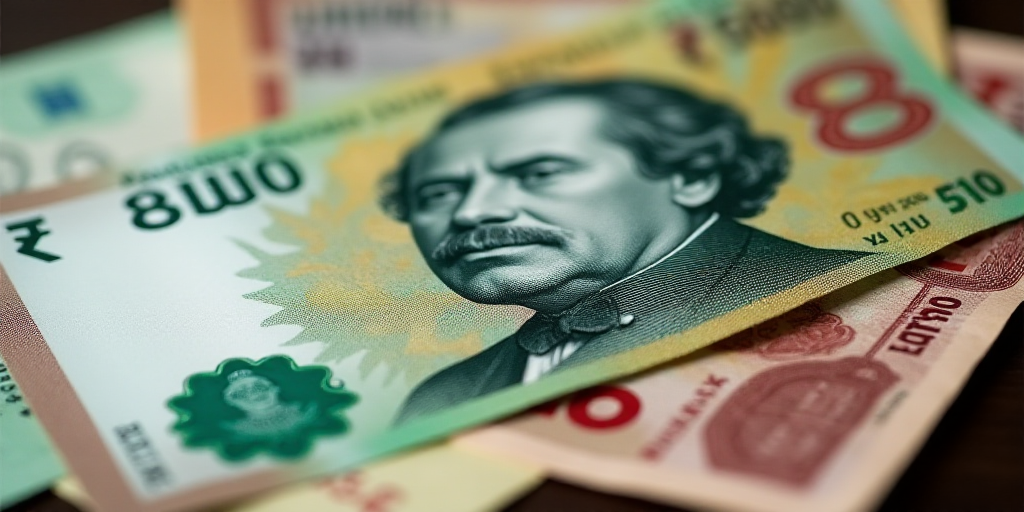 a mexican currency with a portrait of a man on it and a pile of bills in the background with a few b