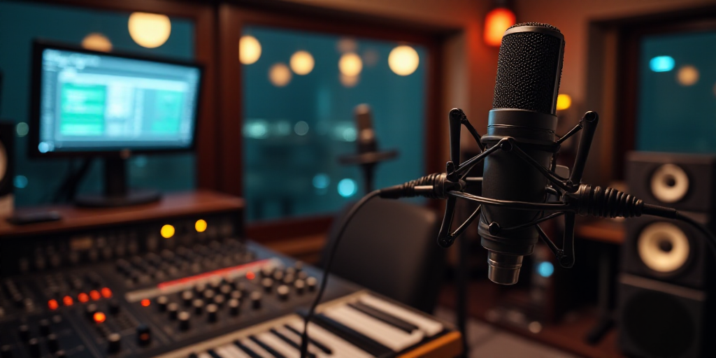 a microphone and a monitor in a recording studio with sound equipment in the background and a televi