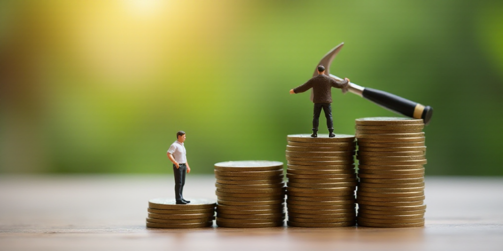a miniature man standing on top of a pile of coins with a hammer in the middle of the stacks, Andrie