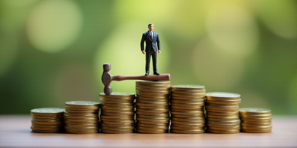 a miniature man standing on top of a pile of coins with a hammer in the middle of the stacks, Andrie