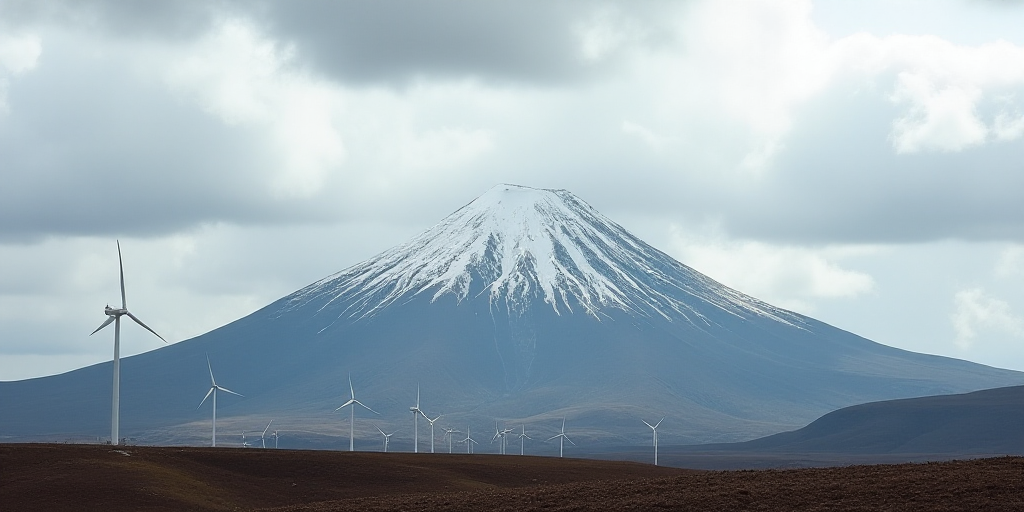 a mountain with a snow covered peak and wind turbines in the foreground, with a cloud filled sky, Ed