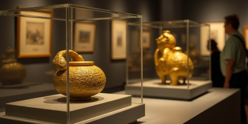 a museum display with two gold artifacts in it's glass cases and a woman in the background in the ba
