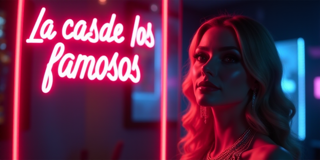 a neon sign that says la casa del los famosos next to a neon background with a red and blue border,