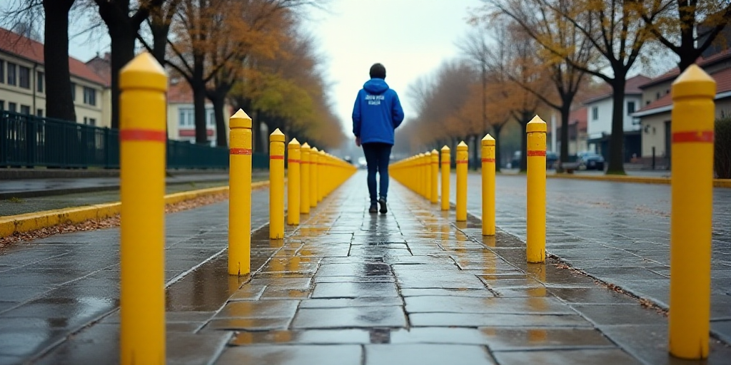 a number of yellow markers are on the ground near a person standing in the distance with a blue jack