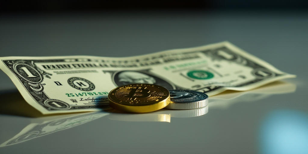 a one dollar bill and a gold and silver coin on a reflective surface with a reflection of the dollar