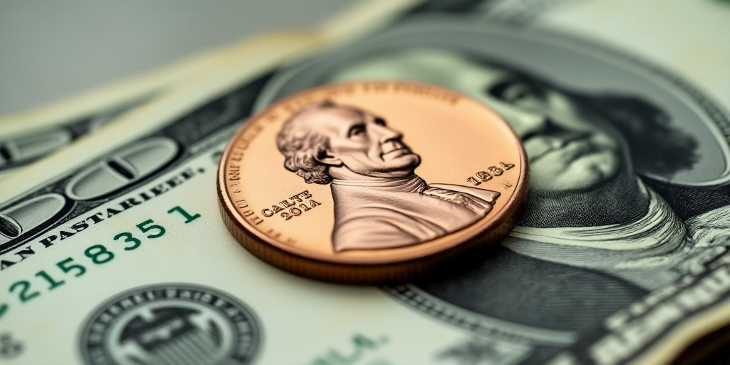 a one dollar bill with a penny on top of it, with the image of george washington on it, Benjamin Fra