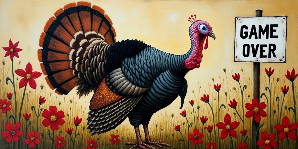 a painting of a turkey and flowers with a game over sign on it's side that says, game over, Craola,