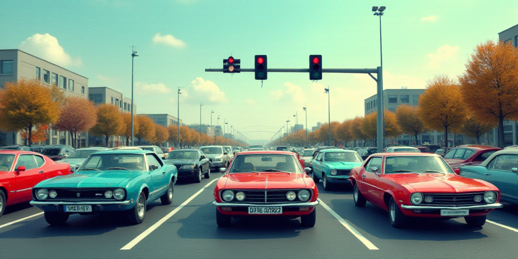 a parking lot full of different colored cars in a parking lot with a traffic light above them and a
