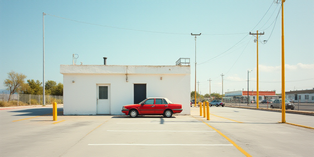 a parking lot with a white building and yellow poles and yellow poles on the ground and a red car pa
