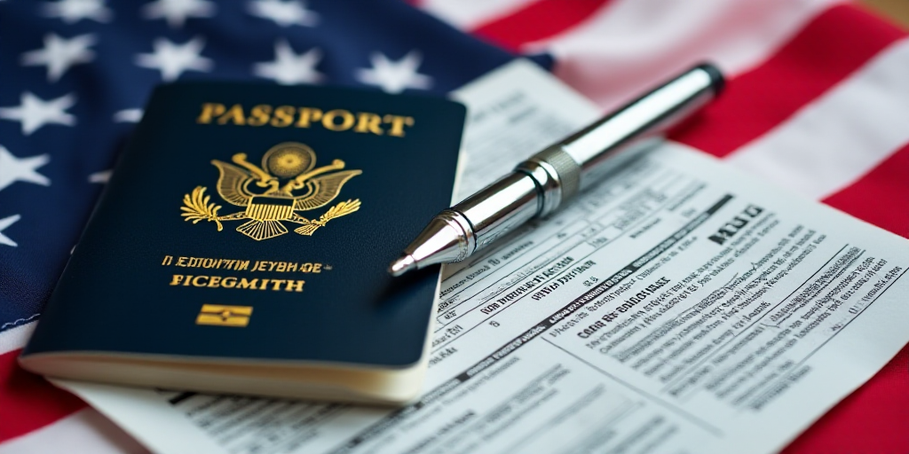 a passport and a pen sitting on top of a us flag next to a visa form and a pen, Felix-Kelly, blunt b