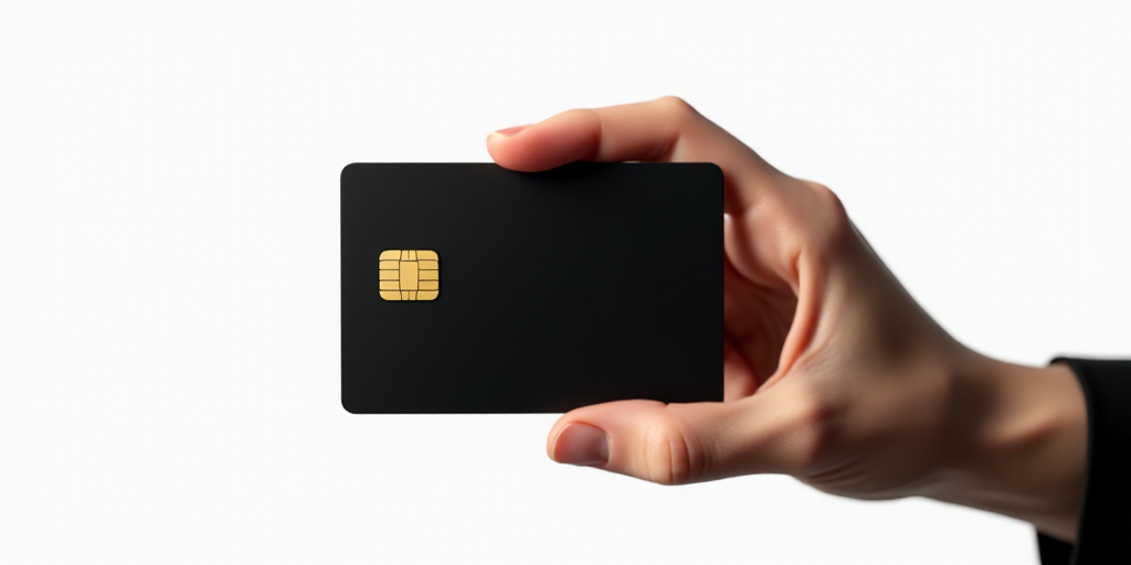 a person holding a black kapital bank card in their hand with a white background and a black backgro