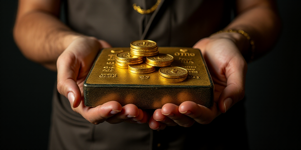 a person holding a box of gold bars in their hands and a stack of gold coins in their other hand, En