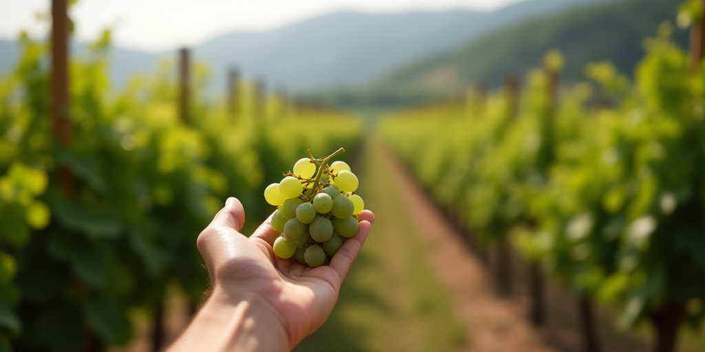 a person holding a bunch of grapes in their hand in a vineyard area with a vineyard in the backgroun