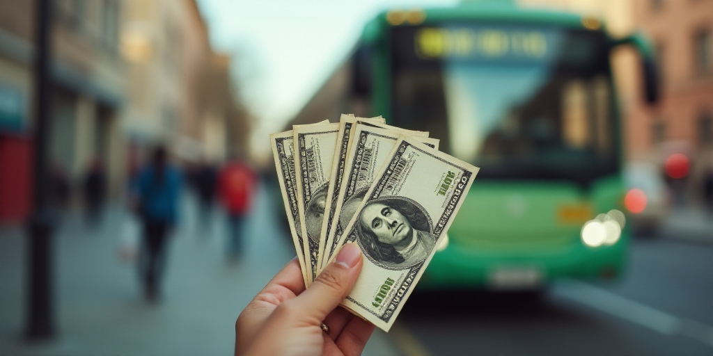 a person holding a bunch of money in their hand in front of a bus on the street in the background, E