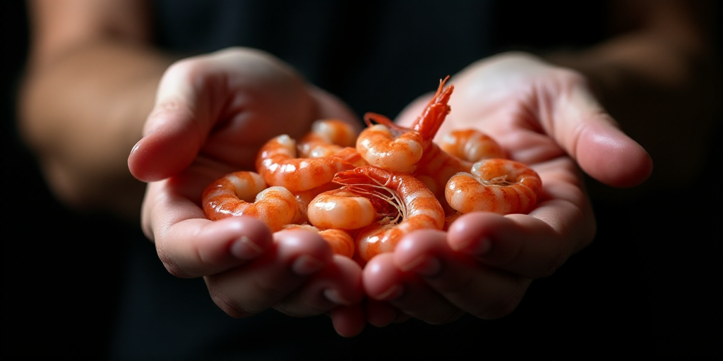 a person holding a bunch of shrimp in their hands with a black background and a black background beh
