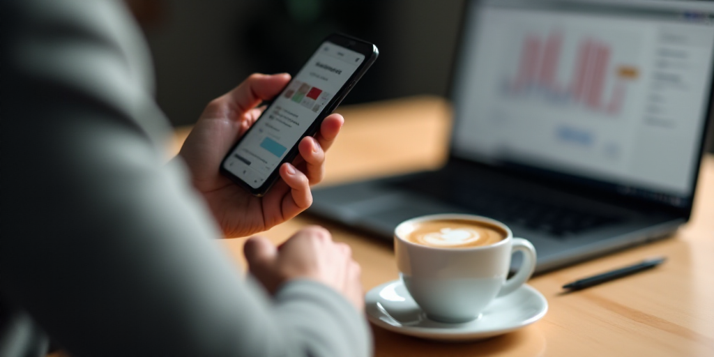 a person holding a cell phone in their hand with a laptop in the background and a cup of coffee in f