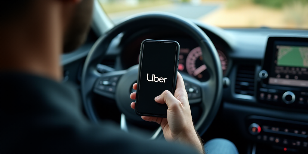 a person holding a cell phone in their hand while driving a car with the word uber on the screen, É