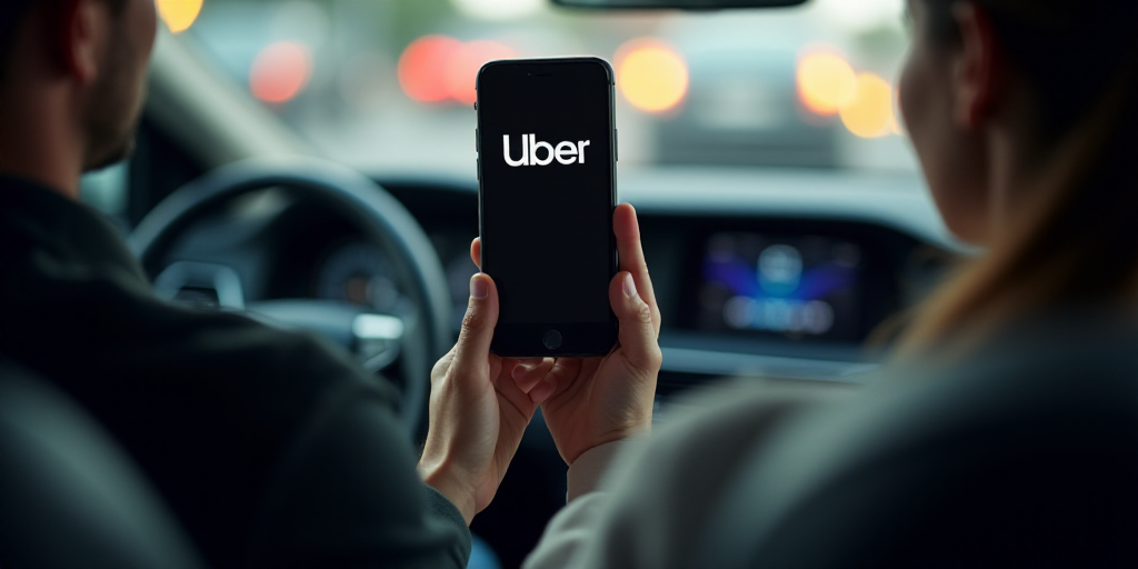 a person holding a cell phone in their hand while driving a car with the word uber on the screen, É