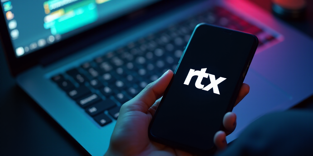 a person holding a cell phone in their hand with a logo on it in front of a computer keyboard, Andri
